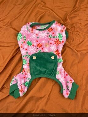 Festive Pink Candy-Print Dog Pajamas with Green Trim